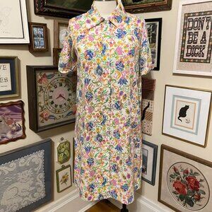 Vintage Colorful Pink Blue Green Floral Short-Sleeve Snap Front Housecoat XL